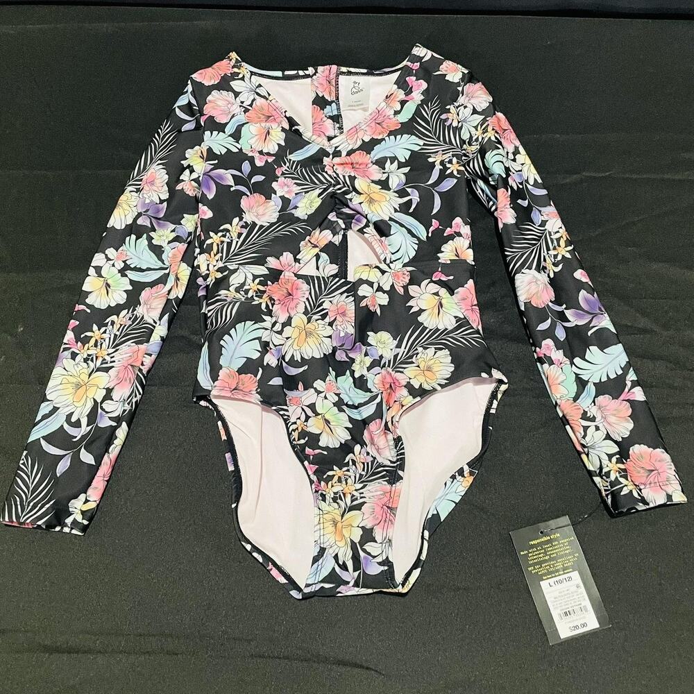 Art Class One Piece Girls 10-12 Black Floral Long Sleeve UV Swimsuit Zip